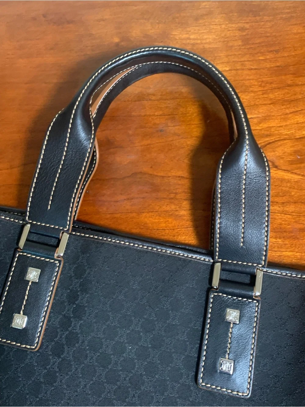 Celine Macadam Tote Handbag Black Canvas Leather